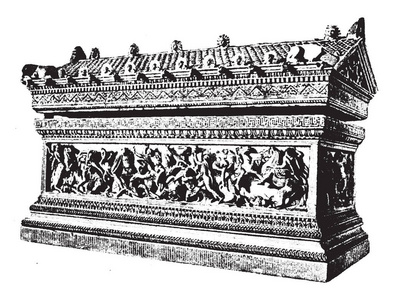 它是一个石墓，有许多亚历山大的图片，复古线绘图或雕刻插图。