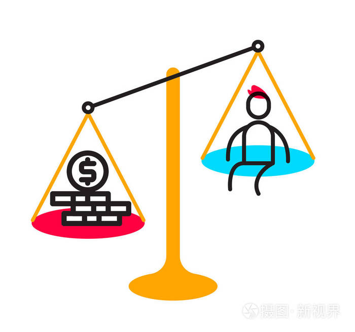 一个男人坐在正义和金钱的天平上的矢量商业插图.评估