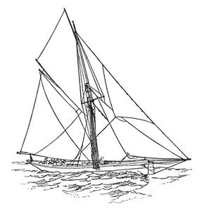 切割游艇通常是一个小的，但在某些情况下，一个中等大小的船只设计的速度，而不是容量，复古线绘图或雕刻插图。