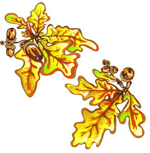 载体秋季黄橡树叶片和橡子植物..叶植物植物园的花叶..孤立的插图元素。矢量叶的背景，纹理，包装模式，框架或边界。