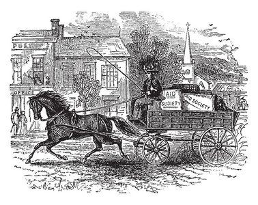 马车，妇女驾驶一匹马和马车，老式线条画或雕刻插图。