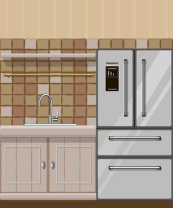 厨房元素与冰箱和水槽
