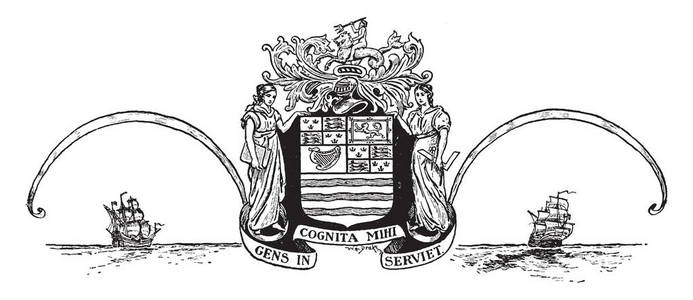 新英格兰委员会的印章，中央有盾牌，两只雌性站在两边，在骑马者的上方和海底，两艘帆船都在一边，老式的线条画或雕刻插图