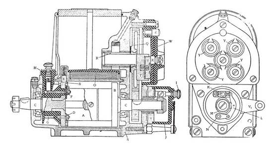 迪克西4缸磁铁显示结构和连接，复古线绘图或雕刻插图。