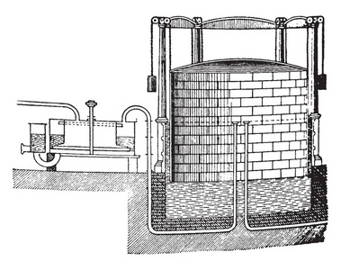 气体计是一种气体保持架，用于通过房屋和闪电街道中的各种管道提供气体，老式线条绘制或雕刻插图。