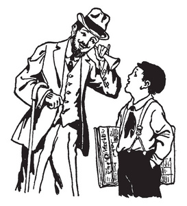 一个聋子和一个年轻的男孩说话，一幅老式的线条画或雕刻插图