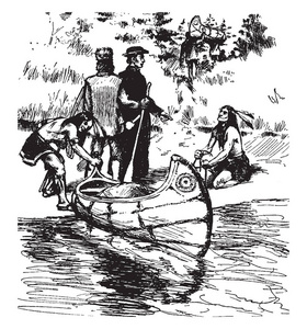 一个人从岸上的水中拉着一艘船，两个人拿着桨站在他身边，另一个人坐在他们旁边，画着老式的线条或雕刻插图