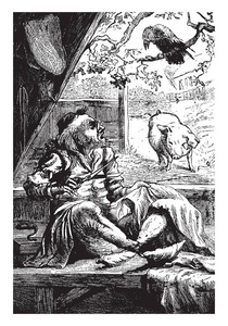 一只腐肉乌鸦坐在橡树上，这一幕展示了坐着的老人看着一只乌鸦坐在树枝上，一只猪朝人类的老式线条画或雕刻插图走来