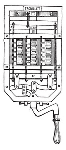 这十七个白色墨盒代表了十七个拨号器老式雕刻插图。 工业百科全书1875年