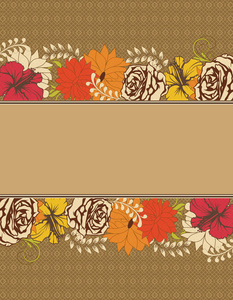 复古邀请卡与华丽优雅的复古抽象花卉设计，多种颜色的花和叶子在浅棕色背景与丝带文字标签。 矢量插图