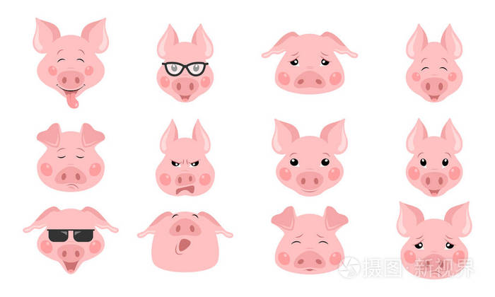 在不同的情绪中收集滑稽的猪表情符号矢量集
