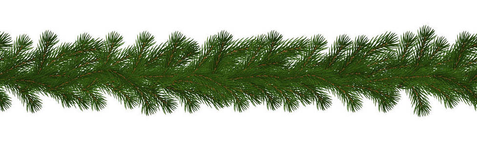 绿色圣诞边界的松树枝, 无缝的矢量隔离在白色的背景。圣诞花环 de
