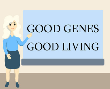 写笔记显示好基因好生活。商业照片展示遗传基因结果长寿健康生活