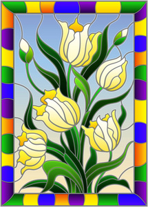 彩色玻璃风格的插图，蓝色背景上的黄色郁金香花束，明亮的框架矩形图像