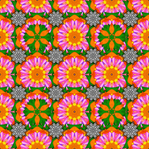 橙色粉红色和绿色的花。 矢量插图中的无缝花卉图案。 平花元素设计。 彩色春季主题无缝图案背景。