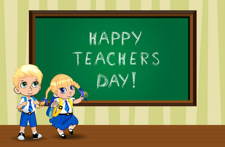 快乐教师日贺卡与可爱的卡通女学生和学生穿制服与背包附近的黑板在教室。 卡瓦伊小学生人物横幅矢量插图。