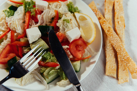 希腊沙拉与新鲜蔬菜，FETA奶酪和黑色橄榄。