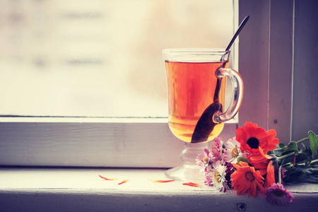 窗台上有草药的新鲜茶杯的特写镜头