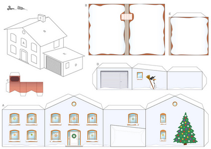 冬天的一所房子的纸模型，里面有圣诞树雪人和雪顶，还有圣诞老人的烟囱，很容易在厚厚的纸上制作打印模板，把碎片剪出来，折叠起来，涂照片