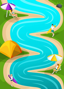 等距景观休息在河赛跑者为比赛, 朋友在假期, 新鲜的空气, 野餐, 天休息, 石头, 海滩, 日光浴在海滩, 帐篷