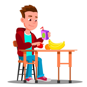孩子在餐桌上, 手里拿着水果和果汁。食品。孤立的插图