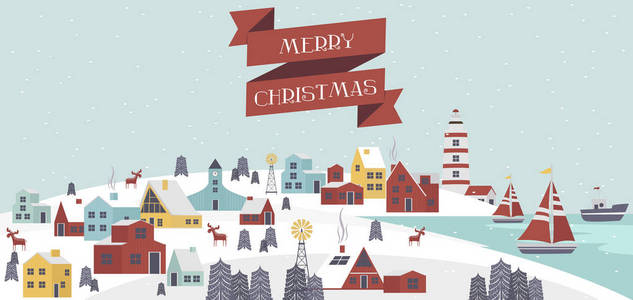 可爱的圣诞贺卡与冬季景观和房子在斯堪的纳维亚风格。可编辑的矢量图