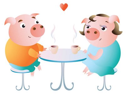 在咖啡馆约会的一对猪