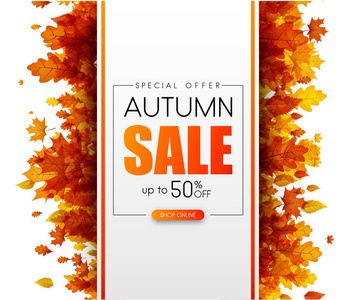 秋季50销售..特别优惠。推广卡用橙色叶子..网上购物。矢量