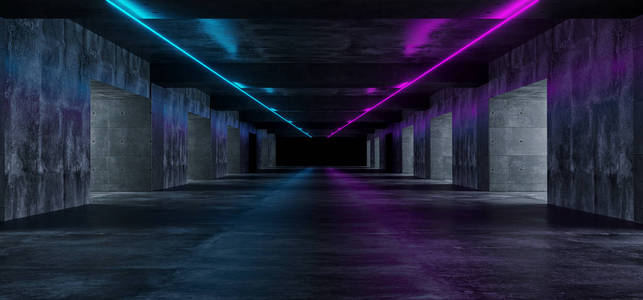现代灰暗混凝土空长隧道与紫色和蓝色霓虹灯管SCIFI优雅的三维渲染插图。