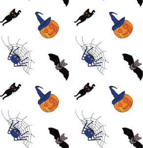 万圣节的无缝图案。 南瓜在巫婆帽，黑猫蝙蝠蜘蛛在蜘蛛网上的白色背景。 手绘。 矢量。