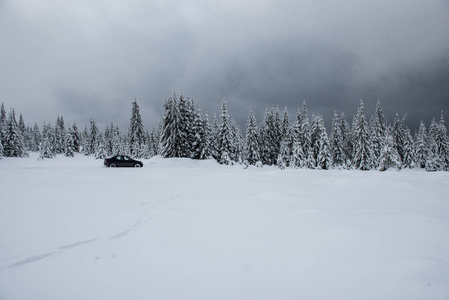 冬季乡村景观，积雪覆盖树木和山丘