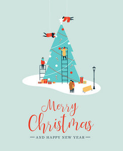 圣诞快乐，新年快乐，贺卡人一起制作大圣诞松树，用装饰礼品作为节日礼物。 eps10载体。