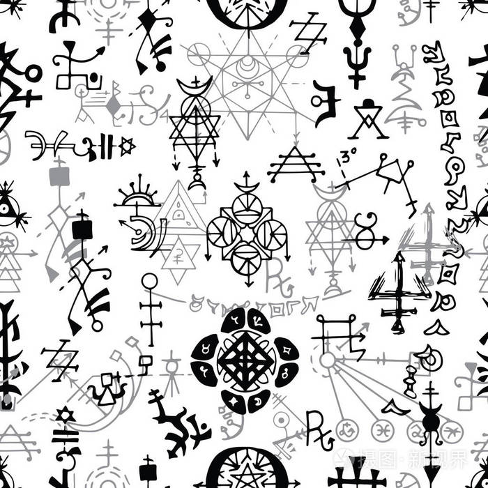 无缝图案与黑白抽象神秘符号和标志.