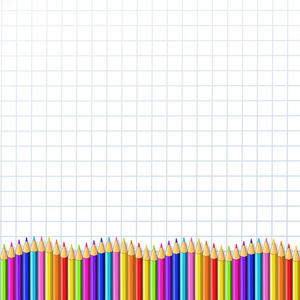 矢量方形波浪边框由多色木制铅笔在白色格子笔记本纸背景上制成。 回到学校框架，与模板概念接壤，文本复制空间。