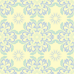 米色花卉无缝图案。 背景为浅蓝色和绿色花卉元素的壁纸纺织品和织物