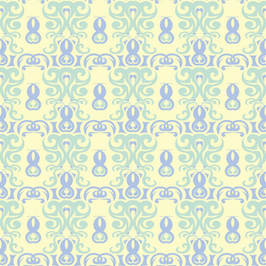 花米黄色无缝图案。 米色背景，浅蓝色和绿色花设计壁纸，纺织品和织物