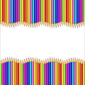 矢量方形边框由多色木制铅笔制成，隔离在白色背景上。 波浪创意框架，与模板概念横幅海报，空拷贝空间的文本或图像。