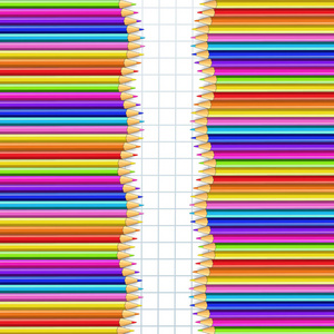 矢量边框由垂直行彩色木制铅笔在绘图纸背景上制成。 回到学校框架，与模板概念横幅海报，空拷贝空间的文本