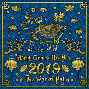 圣诞卡与书法文字在深蓝色背景。 新年快乐，2019年卡与猪和火花。 矢量图。 艺术艺术