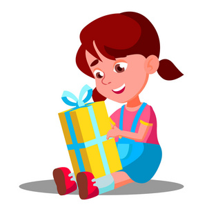 小女孩打开礼物圣诞盒矢量。孤立的插图