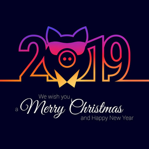 猪年2019时尚会徽。矢量圣诞贺卡模板。圣诞快乐, 新年快乐设计元素