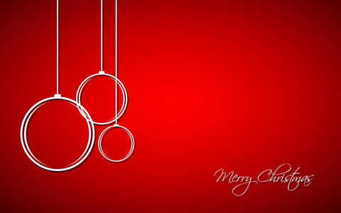 三个白色圣诞球，串在红色背景节日贺卡上，带圣诞快乐标志，新年快乐矢量Ilusted。