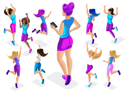 一个大女孩运动员的等距在小, 健身跳跃, 奔跑, 前面和后面看法, 五颜六色的衣裳和运动鞋 playing6 的背景下