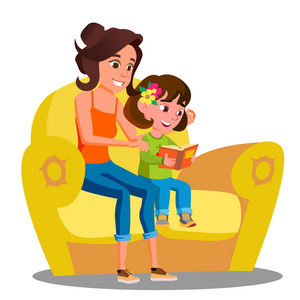 小女孩和妈妈在沙发上读了一本书。孤立的插图