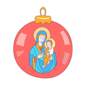 圣诞快乐。 矢量贺卡。 圣母玛利亚和婴儿耶稣。 圣诞玩具球。
