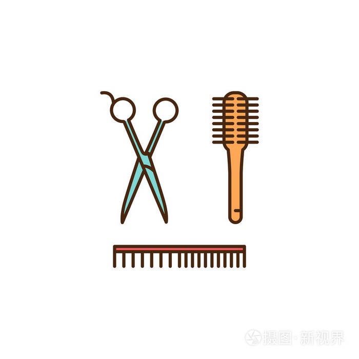 美发工具-剪刀 梳子 刷子.理发店图标 美发沙龙符号.