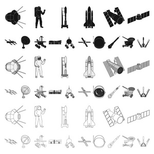 空间技术卡通图标集合中的设计。航天器和设备矢量符号股票 web 插图
