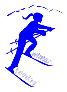 女滑雪者插图的蓝色冬季装饰感剪影