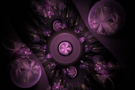 辉光抽象分形花背景。 半透明的气泡纹理与发光的花。 彩色计算机生成分形抽象背景