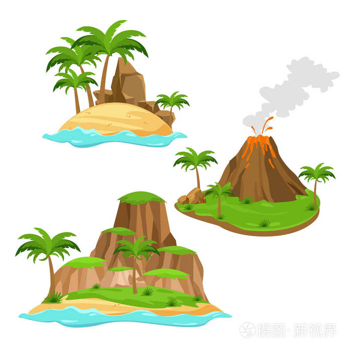 向量例证三不同的岛屿在白色背景的卡通风格.岛屿与